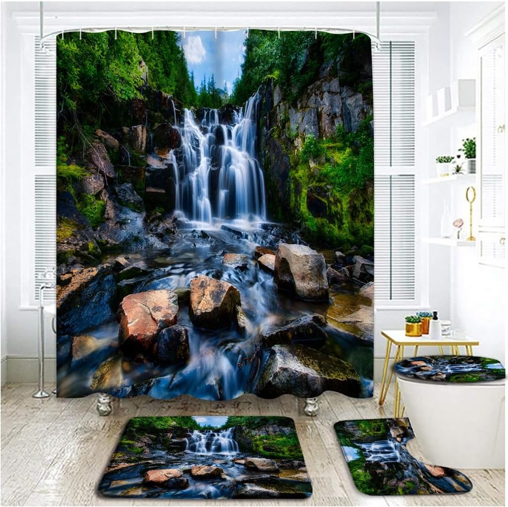 4Pcs Forest Waterfall Shower Curtain Set Nature Scenic Green Tree Tropical Rainforest Jungle River Stone Landscape Bathroom Toilet Lid Cover Non-Slip Rugs 12 Hooks