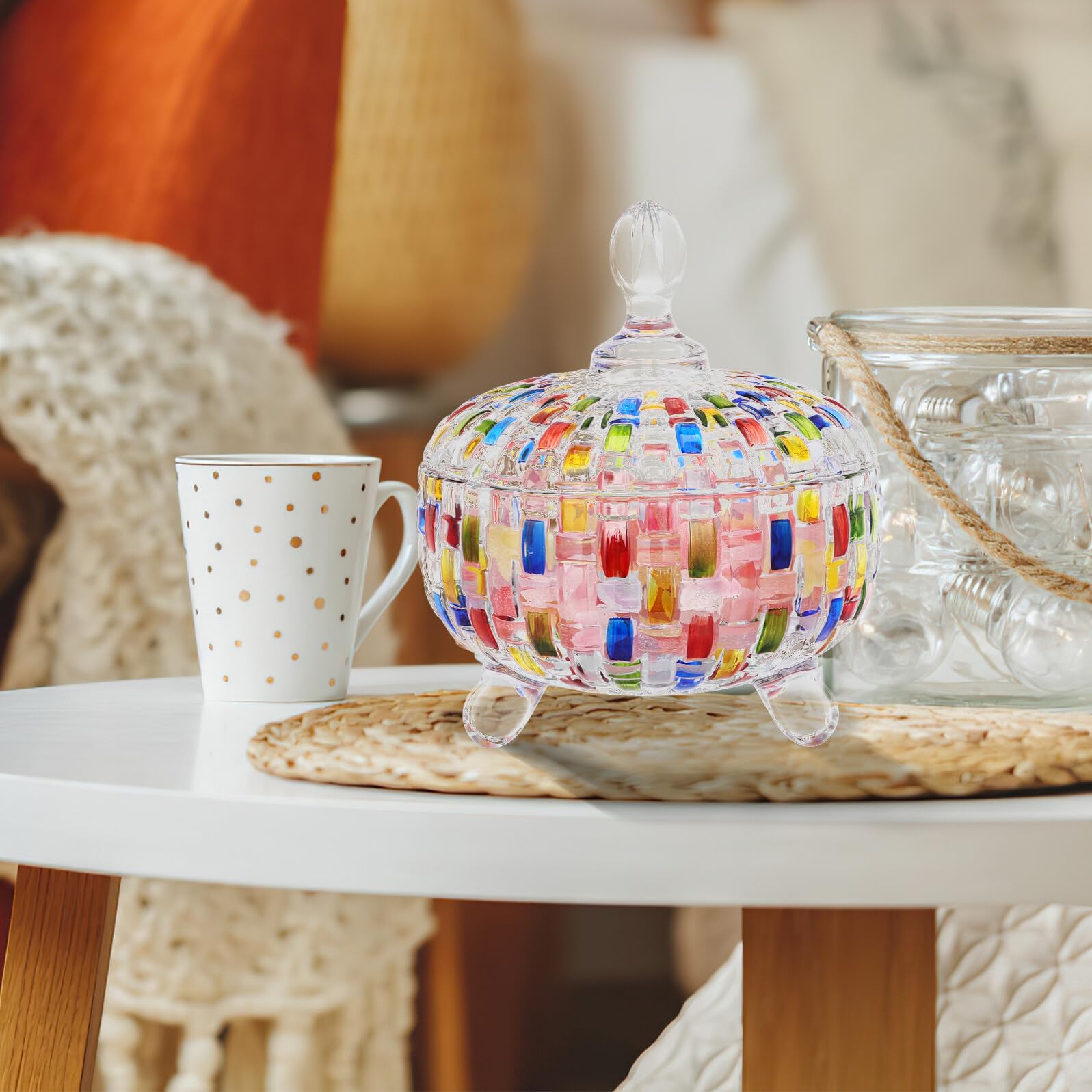 Barattolo Porta Caramelle in Vetro con Coperchio, Motivo Intrecciato | Biscotti e Frutta Secca, Uso in Cucina e Soggiorno, Design Raffinato con Atmosfera Artistica
