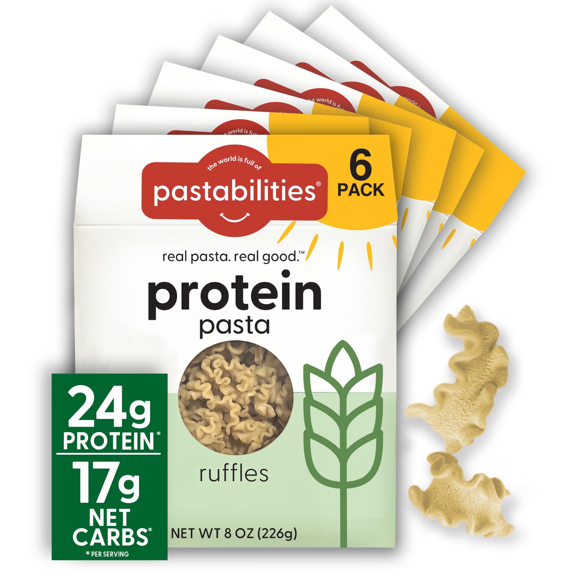 Pastabilities, Protein Pasta, Ruffles - 24g Protein & Low Carb, 17g Net Carbs - High Protein, Delicious Taste & Texture Non-GMO Plant-Based Pasta, Keto Friendly, Vegan (8 Ounce, 6 Pack)
