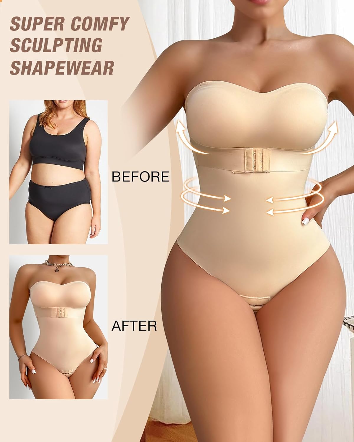 Shapewear Bodysuit Tummy Control Strapless Bra Shapewear for Women Strapless Faja Body Shaper Thong Light Shapewear Beige 2XL - Image 5