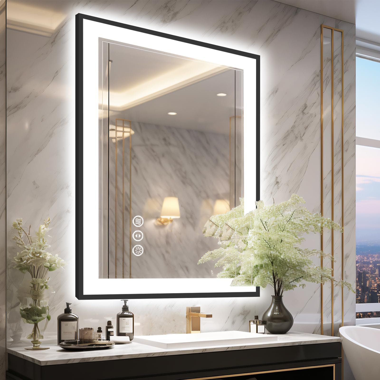 Amazon.com: Megatex 28x36 Lighted Bathroom Mirror, Wall-Mounted, Black ...