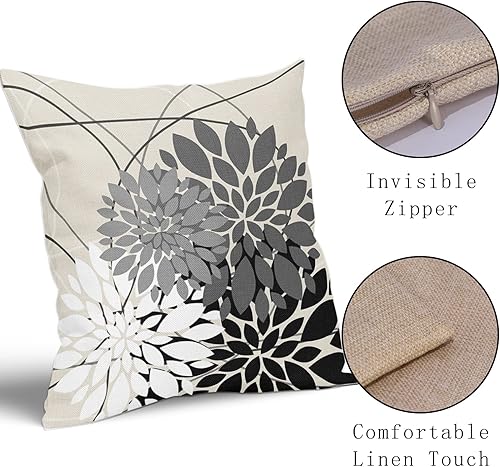Miniatura 4 de Juego de 2 fundas de almohada de color negro y gris de 20 x 20 pulgadas, diseño de flores de dalia gris, con geometría moderna, floral, para
