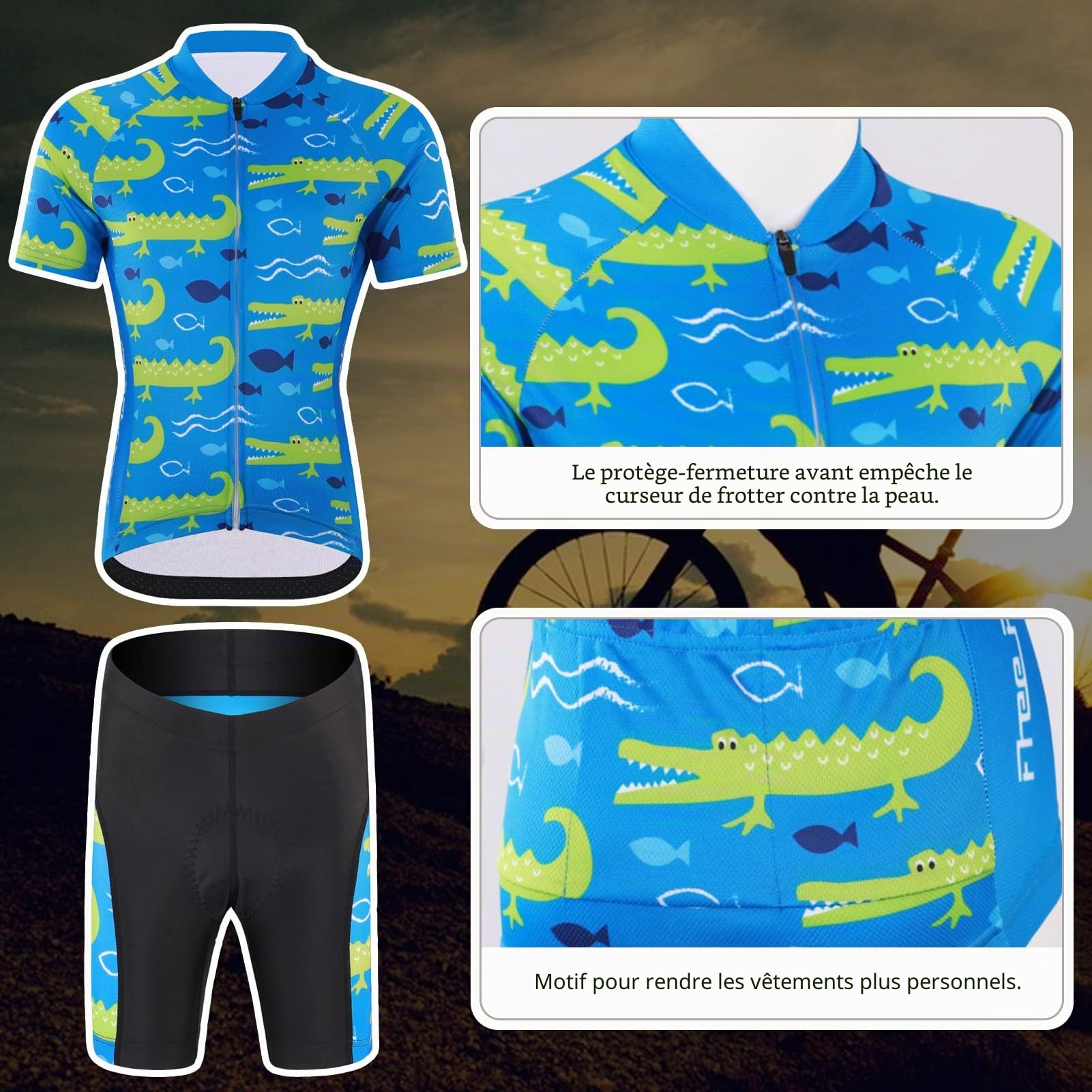 Ensemble Maillot de Cyclisme Enfant Garçon avec Poche Elastique Fille Maillots de Cyclisme Court + Short Rembourré Respirant Combinaison