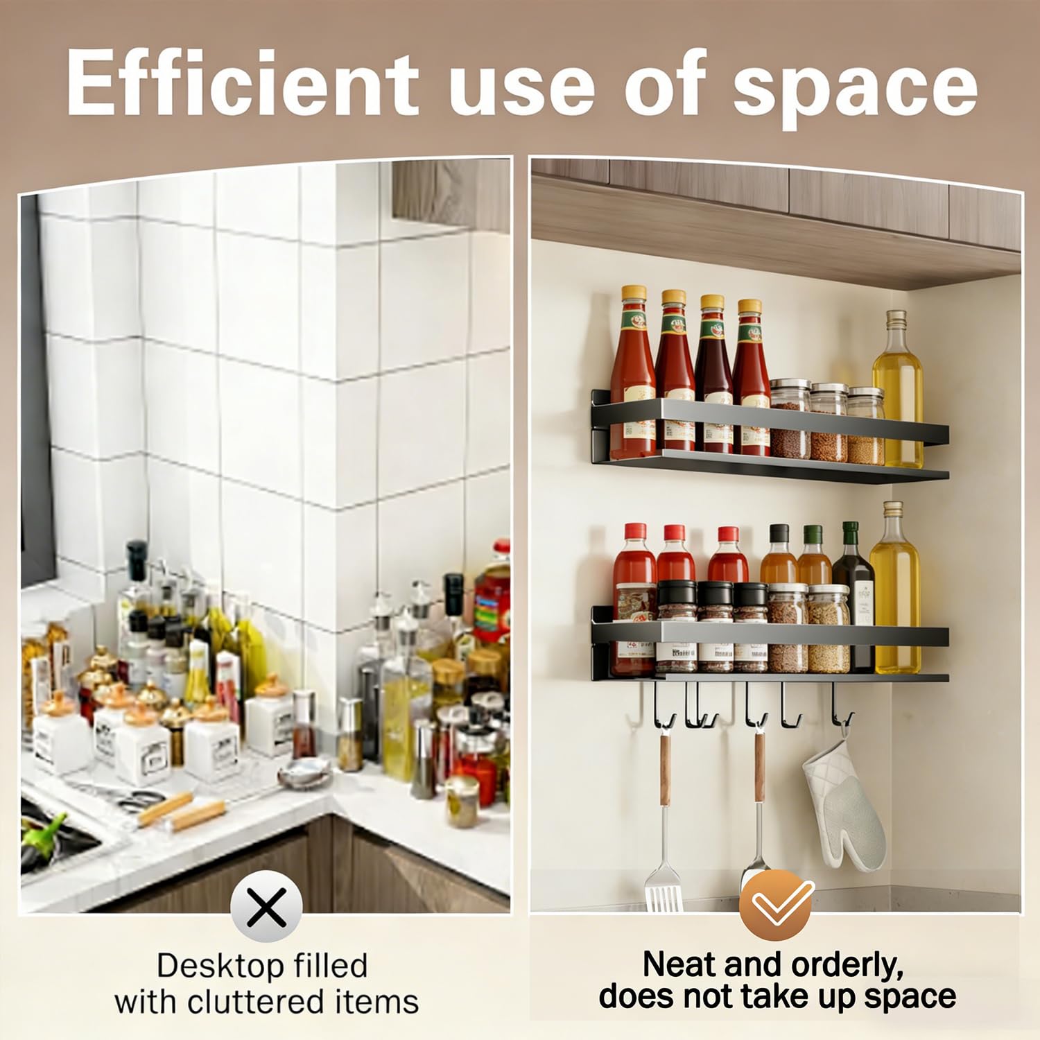 Paquete de 2 especieros de pared de 40 cm sin taladrar, con 6 ganchos, estante de almacenamiento de cocina, organizador de baño, estante colgante para balcón, color negro