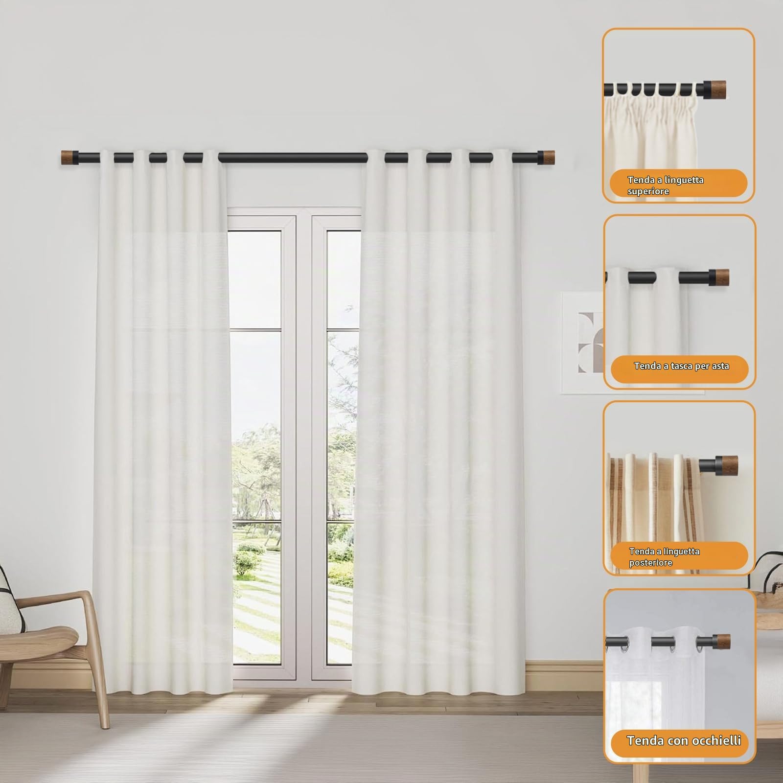 Bastoni per tende in legno per finestre da 1,2 a 2,1 m, regolabili da 2,5 cm, con terminali in finto legno, resistente, decorativo, per camera da letto, cucina e patio