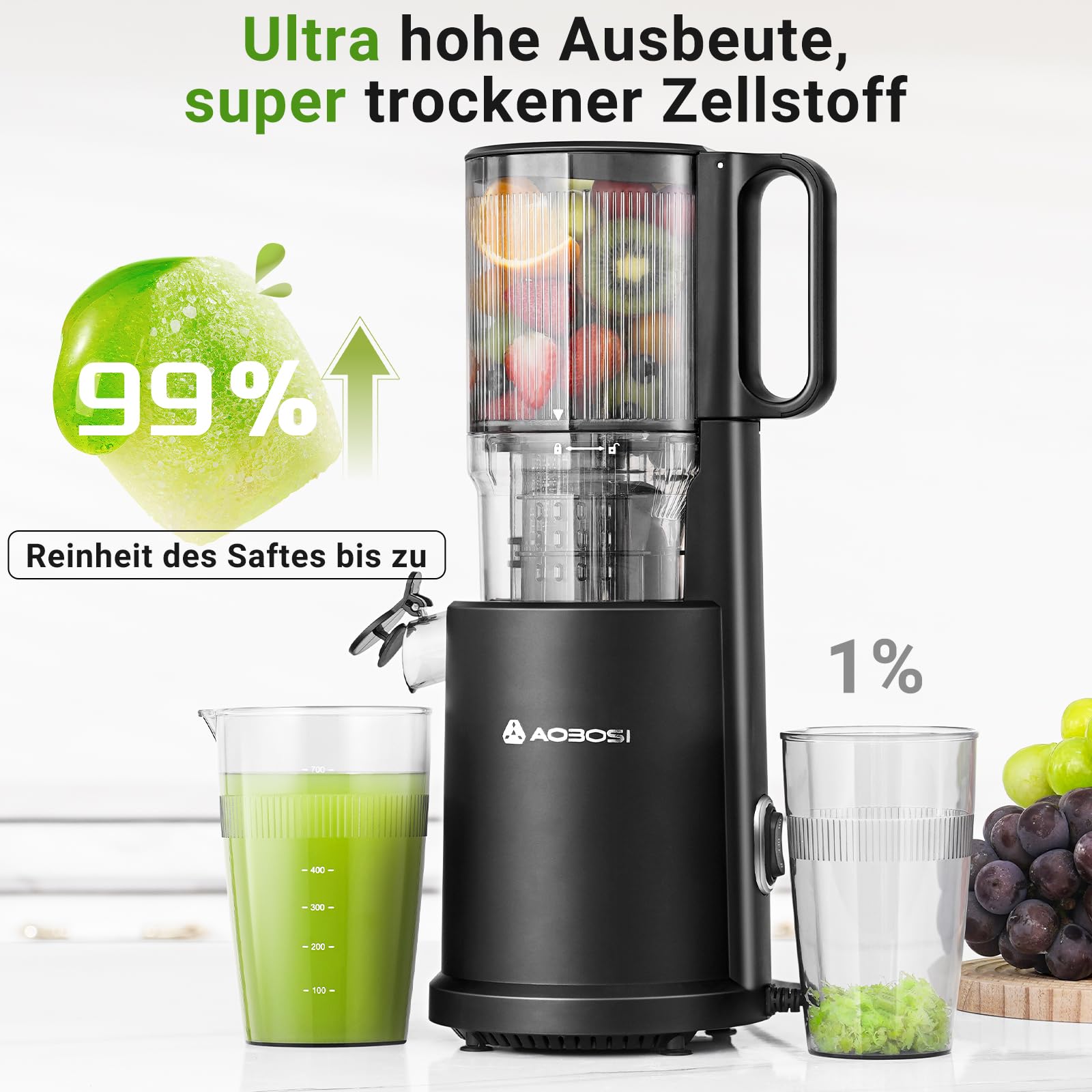 AOBOSI Slow Juicer mit 126 mm XXL-Einfüllöffnung – 1,5 L, 200 W leiser Entsafter mit Rückwärtslauf, Dreifachfilter & Press-Schnecke – Entsafter Gemüse und Obst Testsieger,Schwarz
