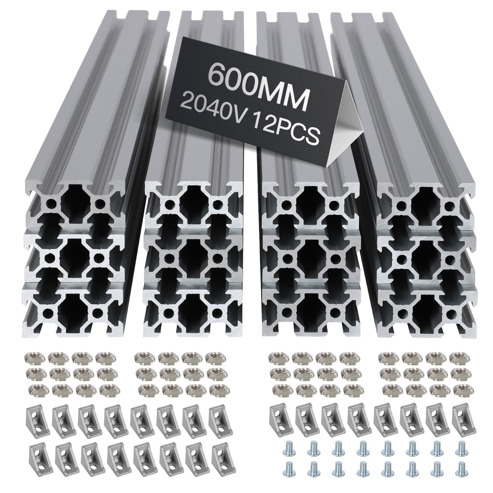 12pcs 600mm 2040 V-Slot Extrusion Aluminum Profile, Anodized Linear Rail for 3D Printer Frame, CNC Machine, DIY Robotics & Structural Projects Silver