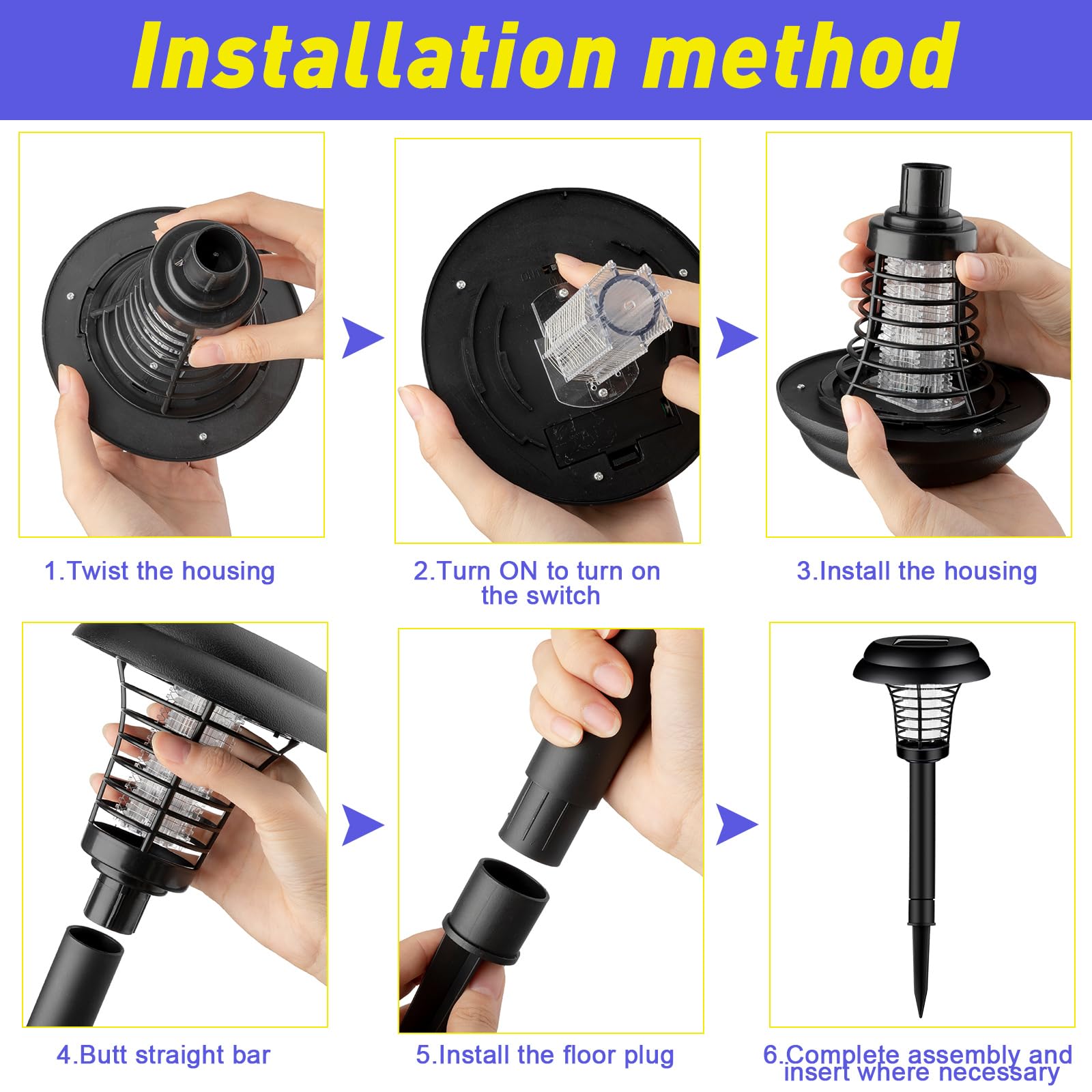 Qualirey 4 lampade a energia solare per insetti e zanzare, impermeabili, per uso interno ed esterno, giardino, patio (plastica, esterno nero/viola e luce calda)