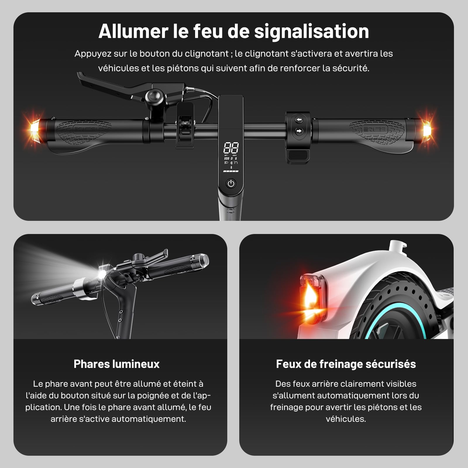RCB Trottinette Électrique Adulte, Jusqu'à 25 km/h, Pneus Solides 8.5''-10'',300W-400W, 7.8-10.4Ah,Autonomie 23-35KM, Clignotants, Contrôle APP, Charge Max 120/150kg, Pliable Scooter,Double Frein