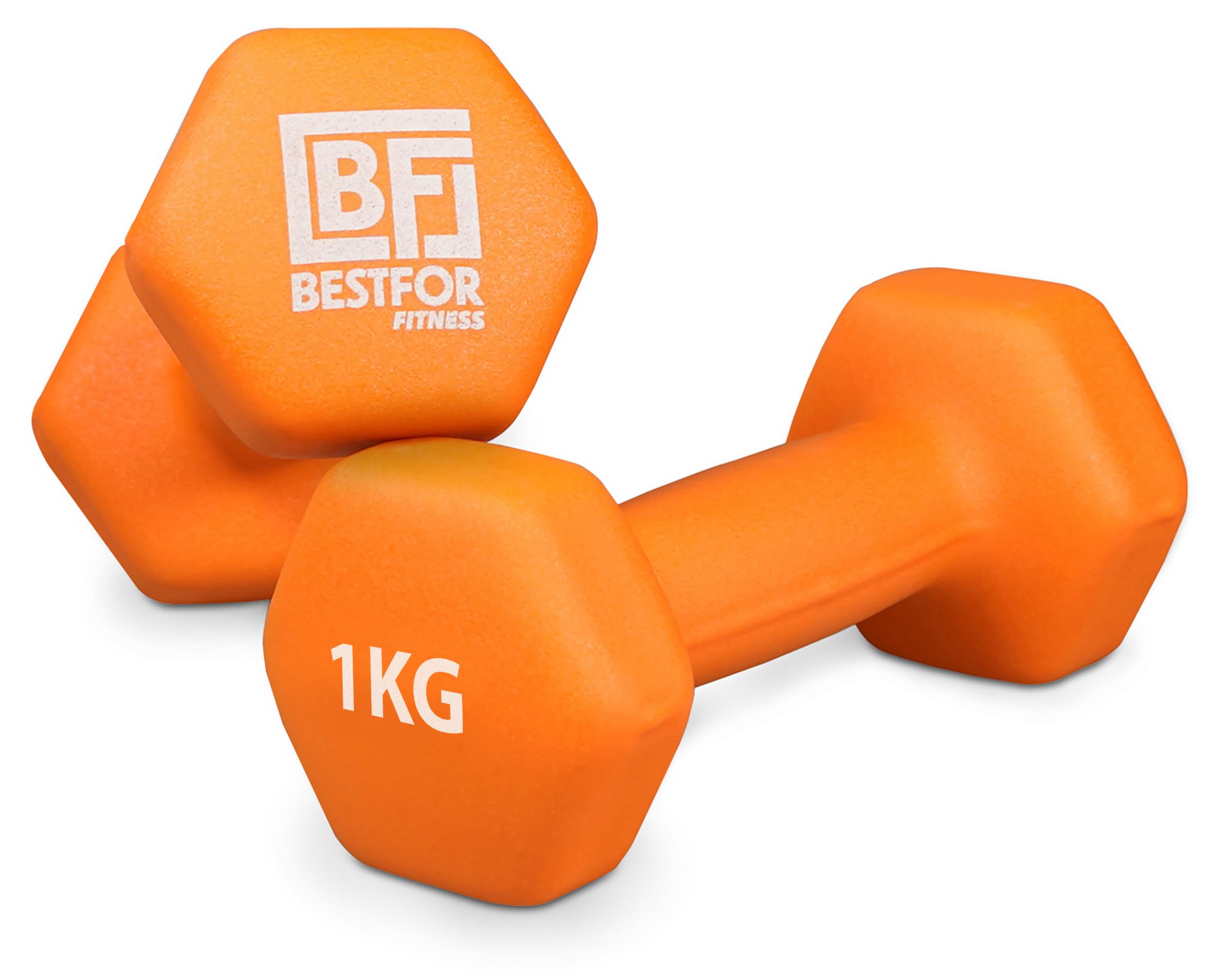 Pair of 1kg Hex Anti Roll Non Slip Neoprene Dumbbell Weights For Exercise, Fitness, Workouts, Lifting with Exercise Chart