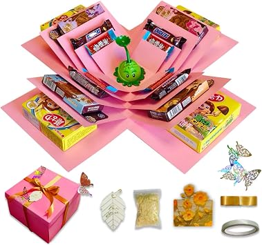 Surprise Box 5-layer set, suitable for holding snacks, photos, cash, with double-sided tape, ribbons, and laser butterflies. It is ideal for use as a birthday gift,or Valentines Day surprise gift. Dimensions 9x9x6.3 inches.pink