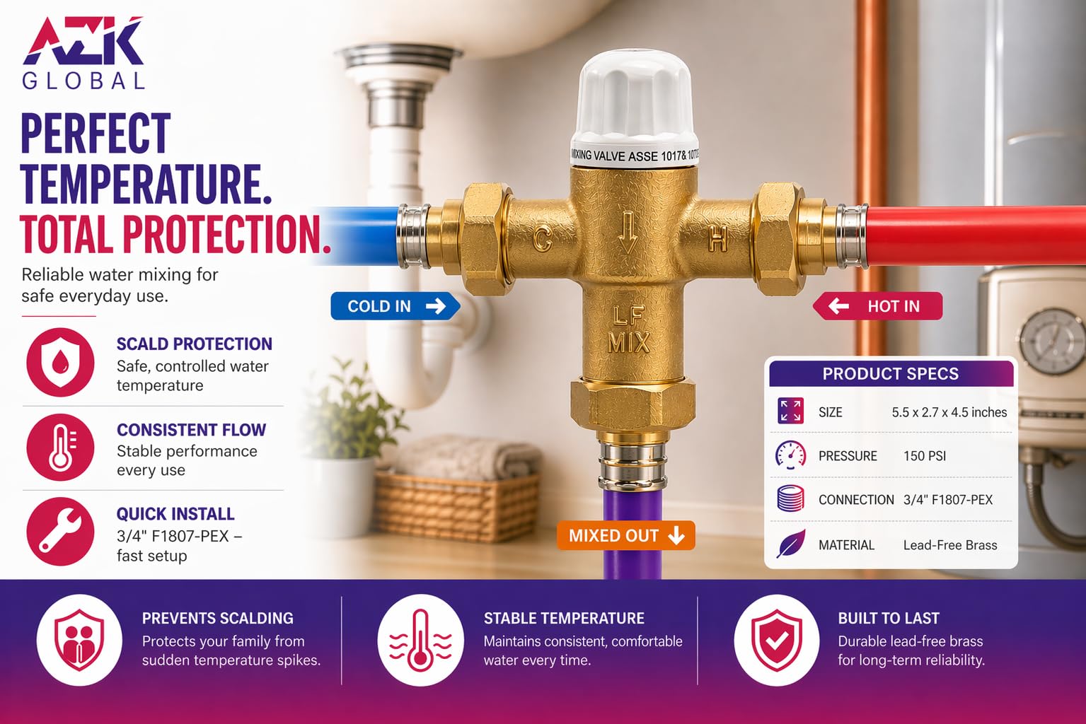 Válvula mezcladora termostática (TMV) F1807-PEX de 3/10.2 cm con control preciso de la temperatura del agua. Certificado ASSE, UPC y NSF. Caudal máximo de 12 GPM. Aplicaciones residenciales