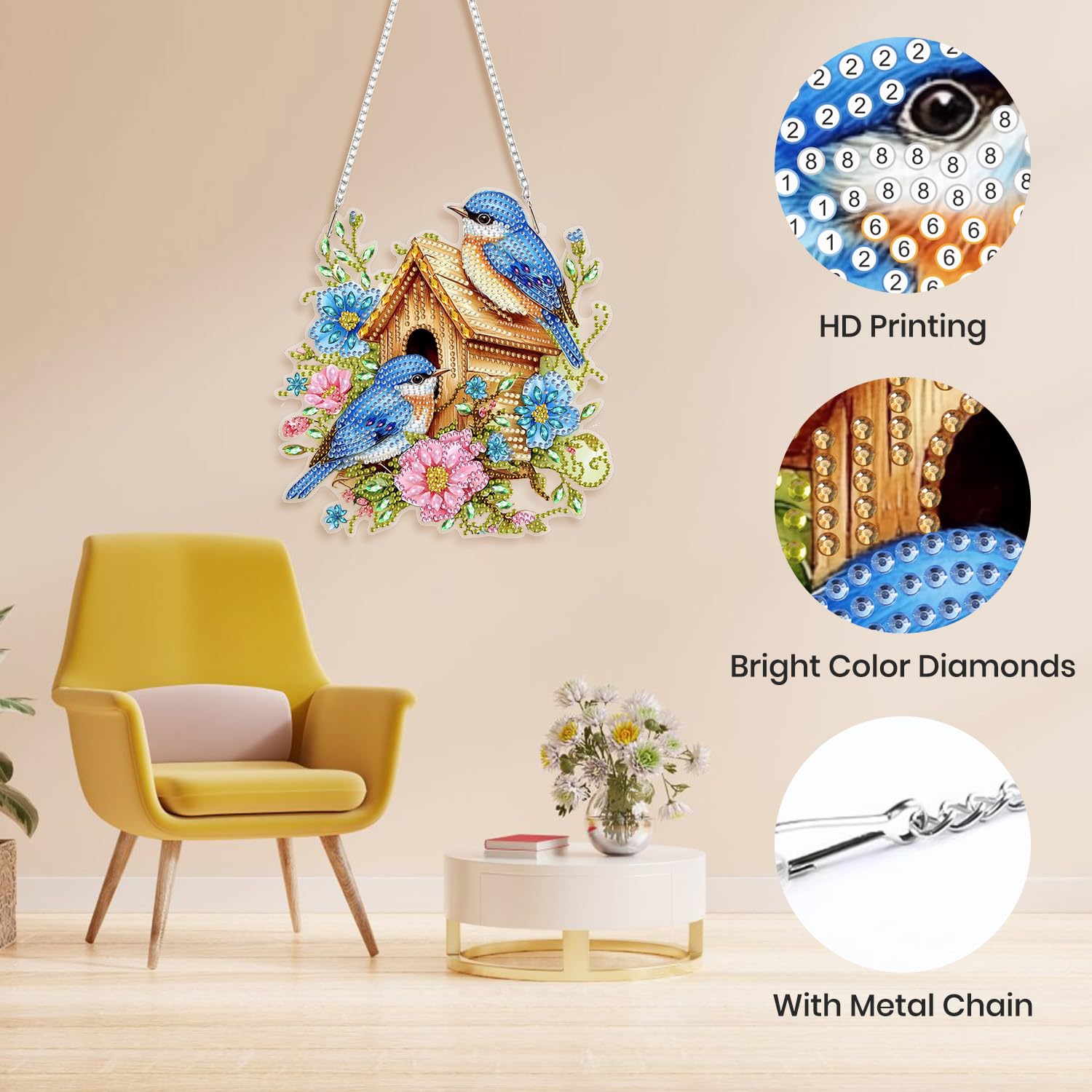 MXJSUA Diamond Painting Hanger met ketting voor volwassenen, diamond painting, raamafbeeldingen, hangend ornament, knutselset voor muur en entree, decoratie, 20 x 20 cm (kat met hoed