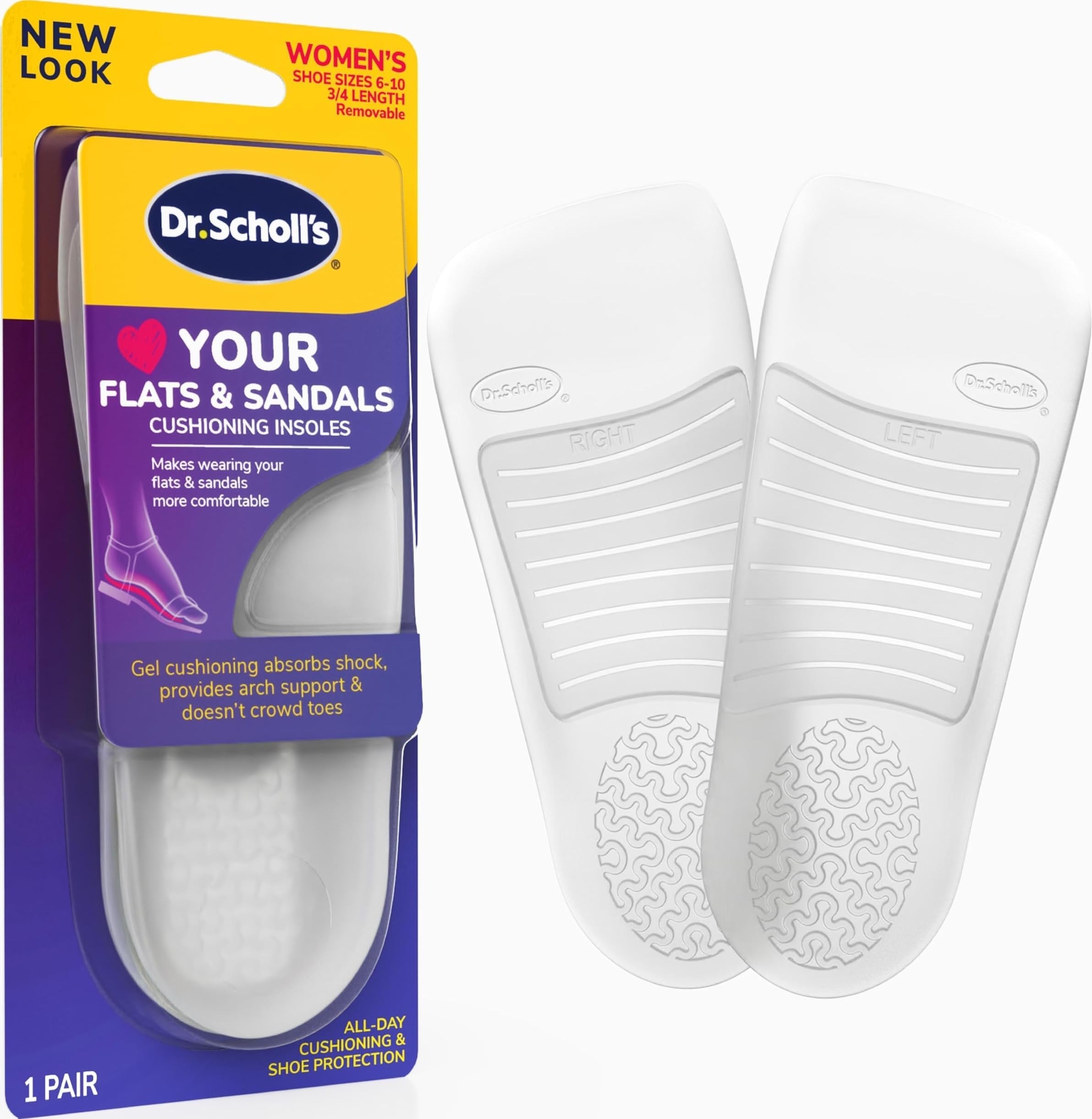 Dr. Scholl's Love Your Flats & Sandals, 3/4 Length Insoles for Women, Shoe Size 6-10: All-Day Comfort Shoe Inserts for Women with Arch Support, Metatarsal Foot Pads, Relieves Shoe Discomfort
