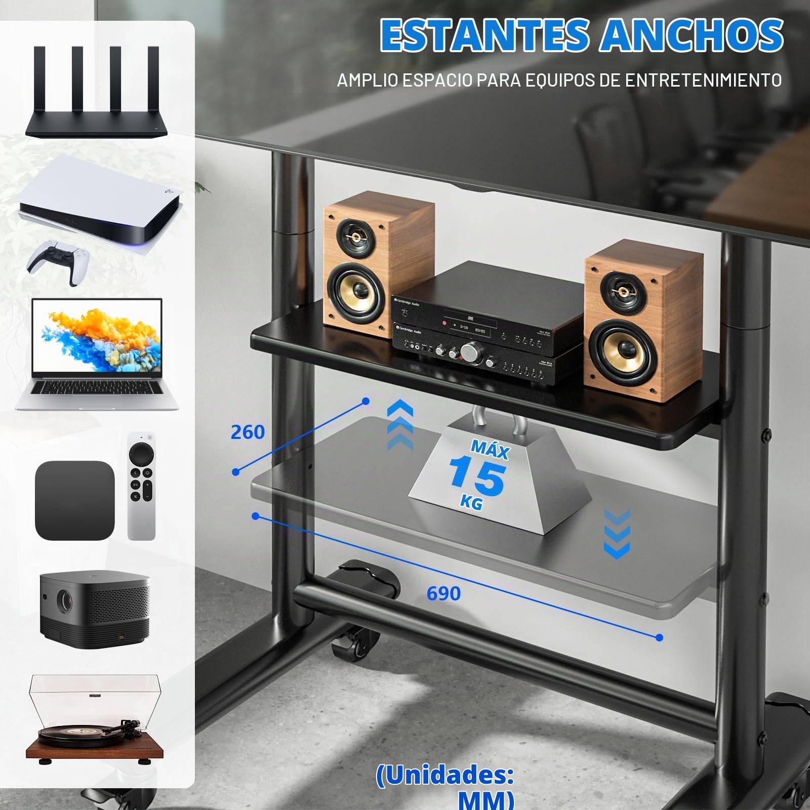 RFIVER Soporte TV con Ruedas para TV de 50-86 Pulgadas hasta 68 kg | Soporte TV Pie con Balda, Altura Ajustable, Soporte TV Suelo Carrito TV montaje sencillo, VESA Máx 800x600mm