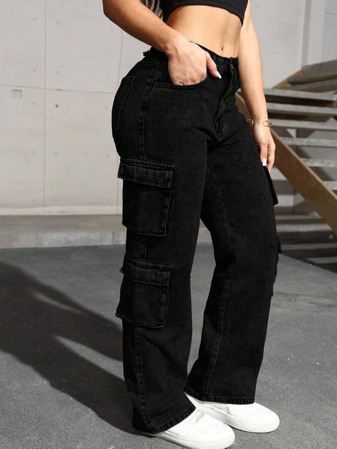 Plus Szie Women's Cargo Pants, Denim, Wide Leg, Straight Fit, Multi-Pocket Design, Casual Streetwear Style