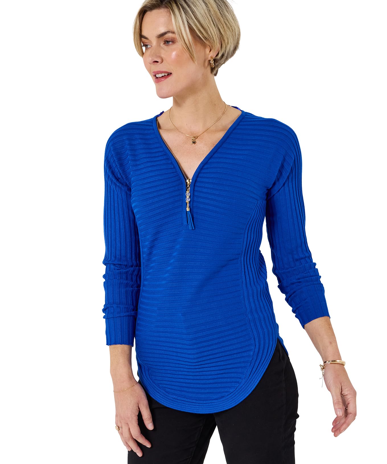 Joe Browns Women's Ribbed Texture Jersey Zip Front Top, Regular, Cobalt, UK 8
