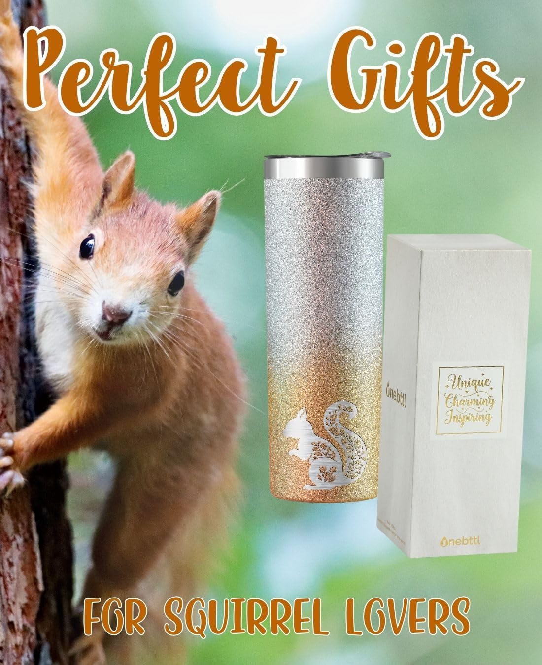 Onebttl Squirrel Gifts for Squirrel Lovers Women Teens, Squirrel Tumbler for Friends on Birthday, Cute 20 oz Insulated Stainless Steel Tumbler with Lid and Straw - Gold