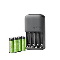 Amazon Basics Batterie ricaricabili NiMH con caricabatterie a 4 alloggiamenti, spina UE, Confezione da 4 AA 2000mAh, Nero