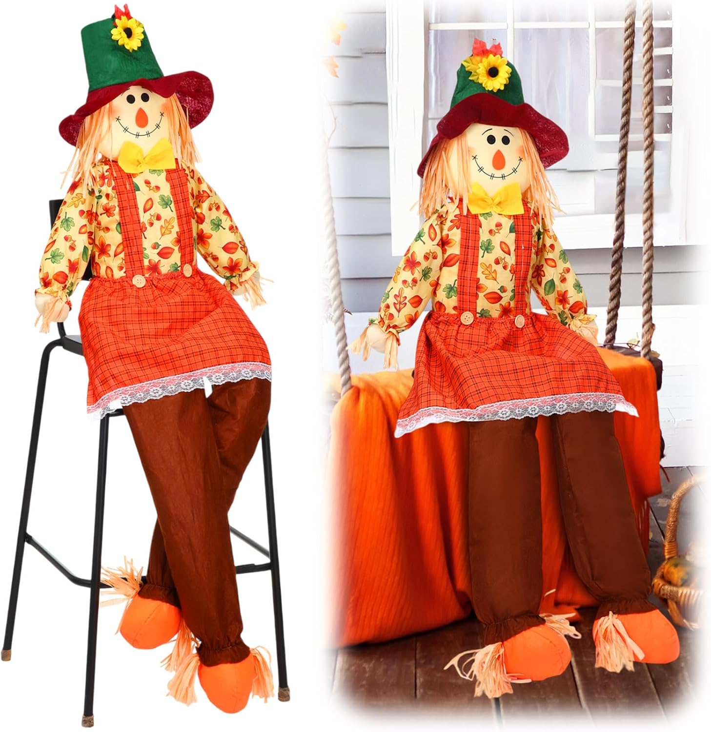 1 Pc Life Size Scarecrow Fall 60" Sitting Scarecrows Large Scarecrow Dolls with Moveable Arms and Legs for Halloween Thanksgiving Harvest Garden Yard Outdoor Decor (Girl) 1 Girl