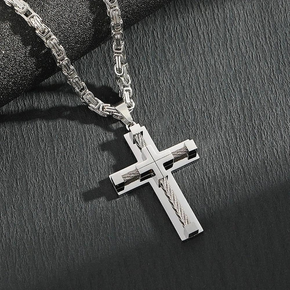 Silver 316L Stainless Steel Cross Necklace For Men, Byzantine Chain Necklace with Chunky Cross Pendant, Crucifix Catholic Christian Jewelry for Men - Image 3