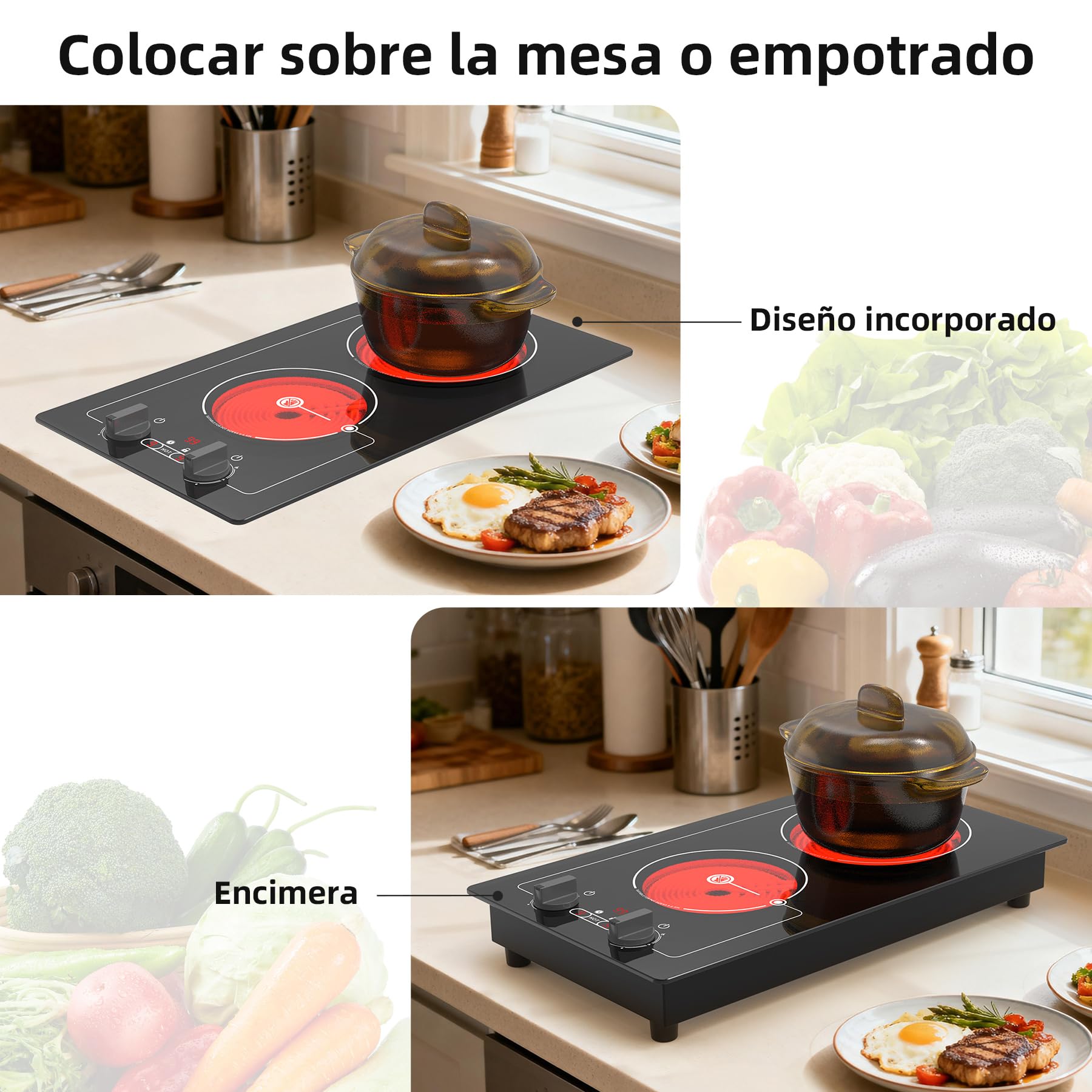 VBGK vitro portatil 2 fuegos, 220V 3000W placa vitroceramica con botón de control, 9 niveles, bloqueo y temporizador para niños
