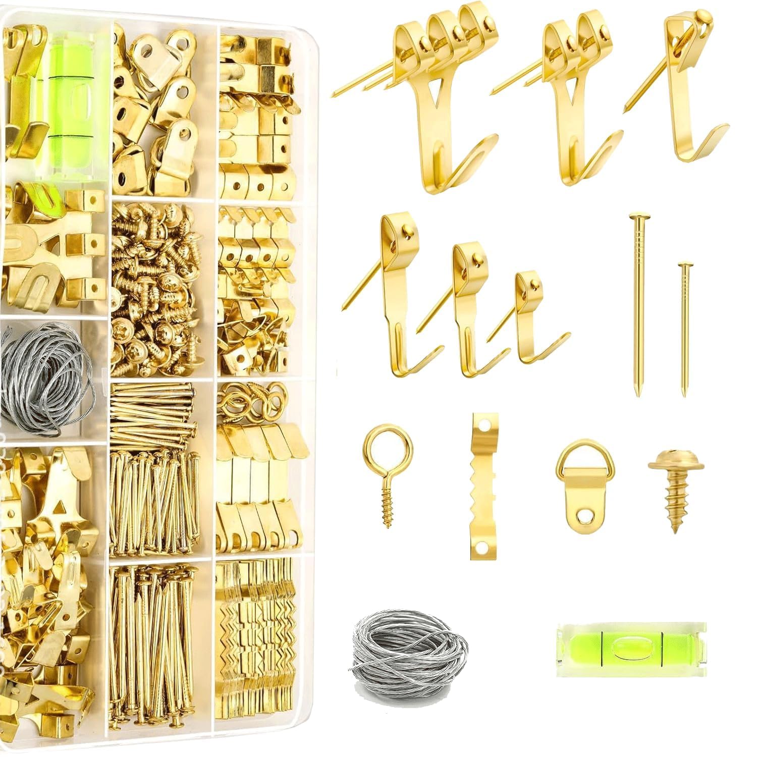 372pcs Picture Hanging Kit, Picture Hooks for Frame Fixing, Assorted Picture Hanger Set with Steel Hooks, Sawtooth Hangers, D-Ring, Steel Wire, Nails, Screws