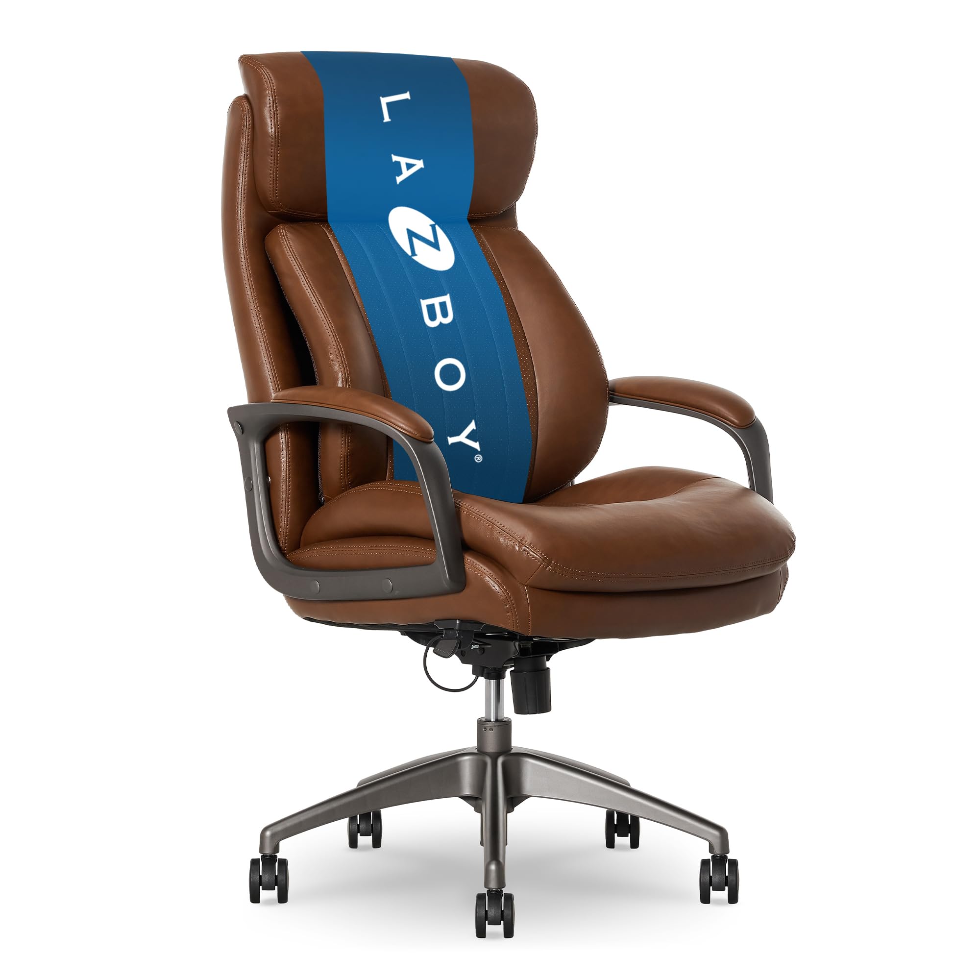 La-Z-BoyNova Vegan Leather Modern Executive Ergonomic Design Office Chair, Memory Foam Thick Contoured Seat Back with Patented Lumbar Support Technology, Soft to Medium Sit Comfort, Cognac