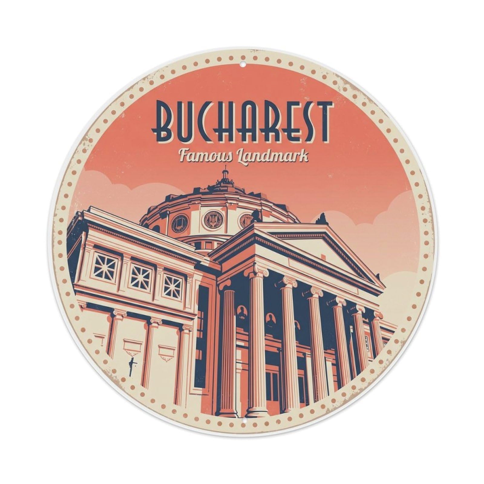 Fqcyn Style Vintage Travel Bucharest Building Famous Metal Tin Sign