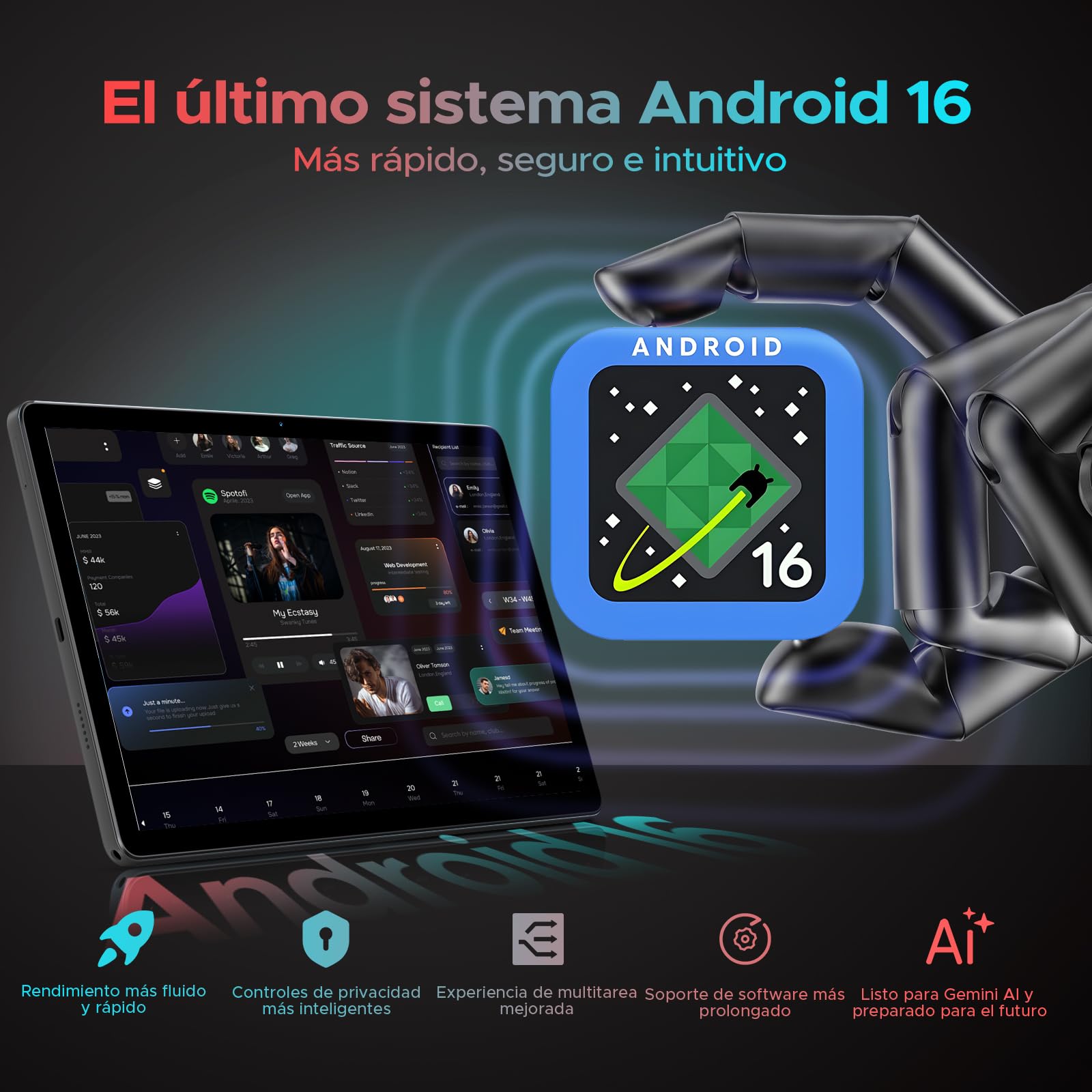 U11 Pro Android 16 Tablet 11 Pulgadas, 30GB RAM+256GB ROM/2TB TF, Tablet Gaming Octa-Core, HD IPS 90Hz, 8580mAh Batería, WiFi 5/ Widevine L1/ 13MP+5MP/Face ID/GMS/3.5mm Jack Tablets para Niños