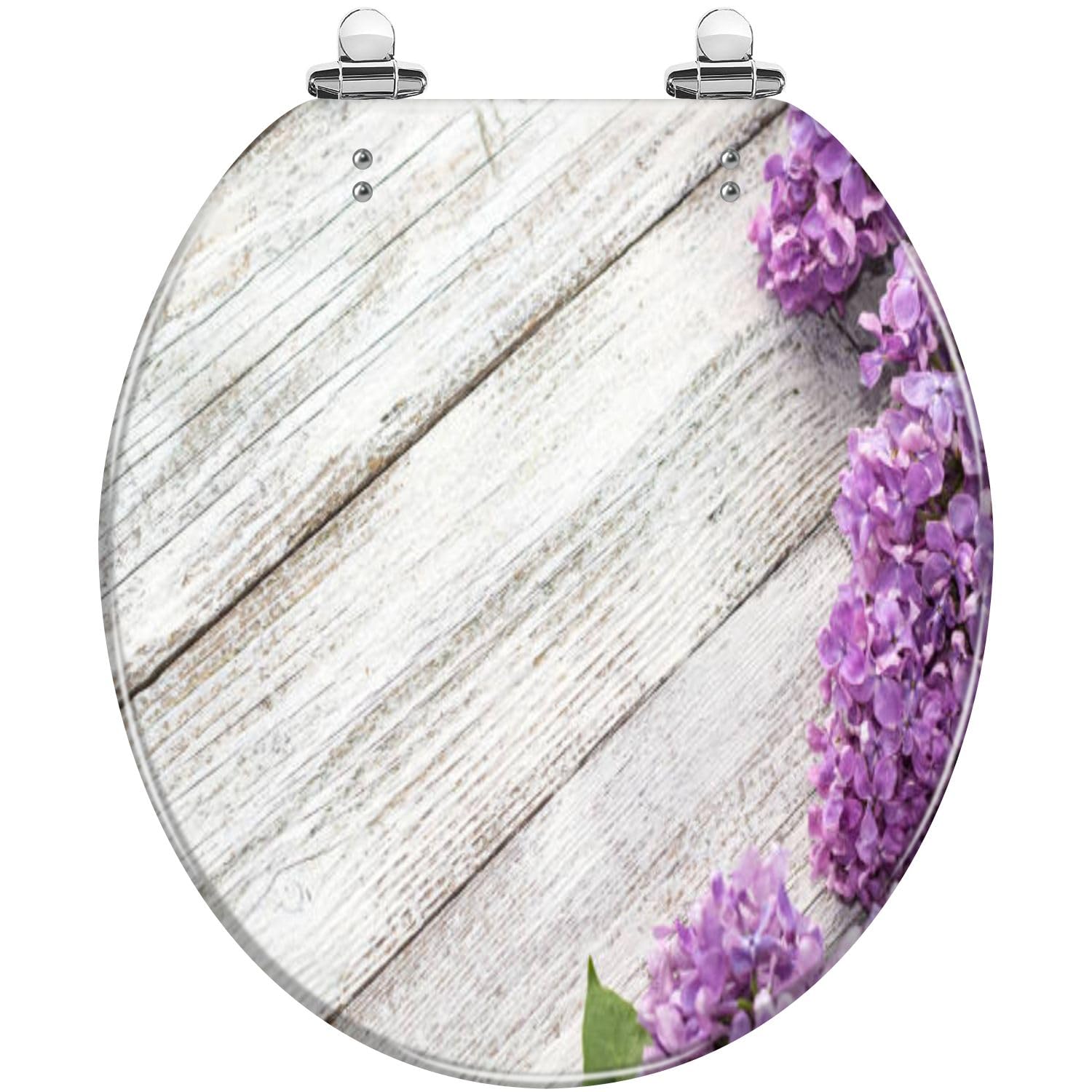 Round Toilet Seat blooming spring lilac flowers a white wooden Resin Toilet Seat Quietly Slow Close with Quick-Release Hinges Toilet Seat with Cover Easy to Clean Install