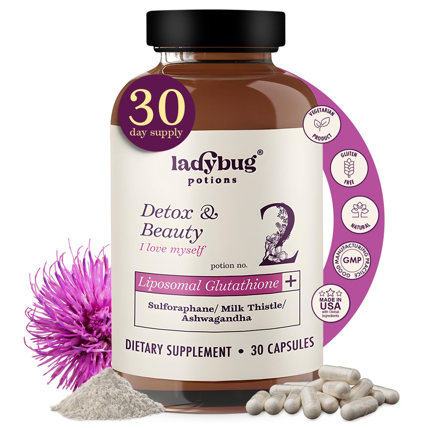 Liposomal Glutathione Supplement - 30 Capsules Glutathione Liposomal Supplement, with Organic Ashwagandha, Sulforaphane from Broccoli Seed, Myrosinase, Milk Thistle for Immune Support and Liver Health