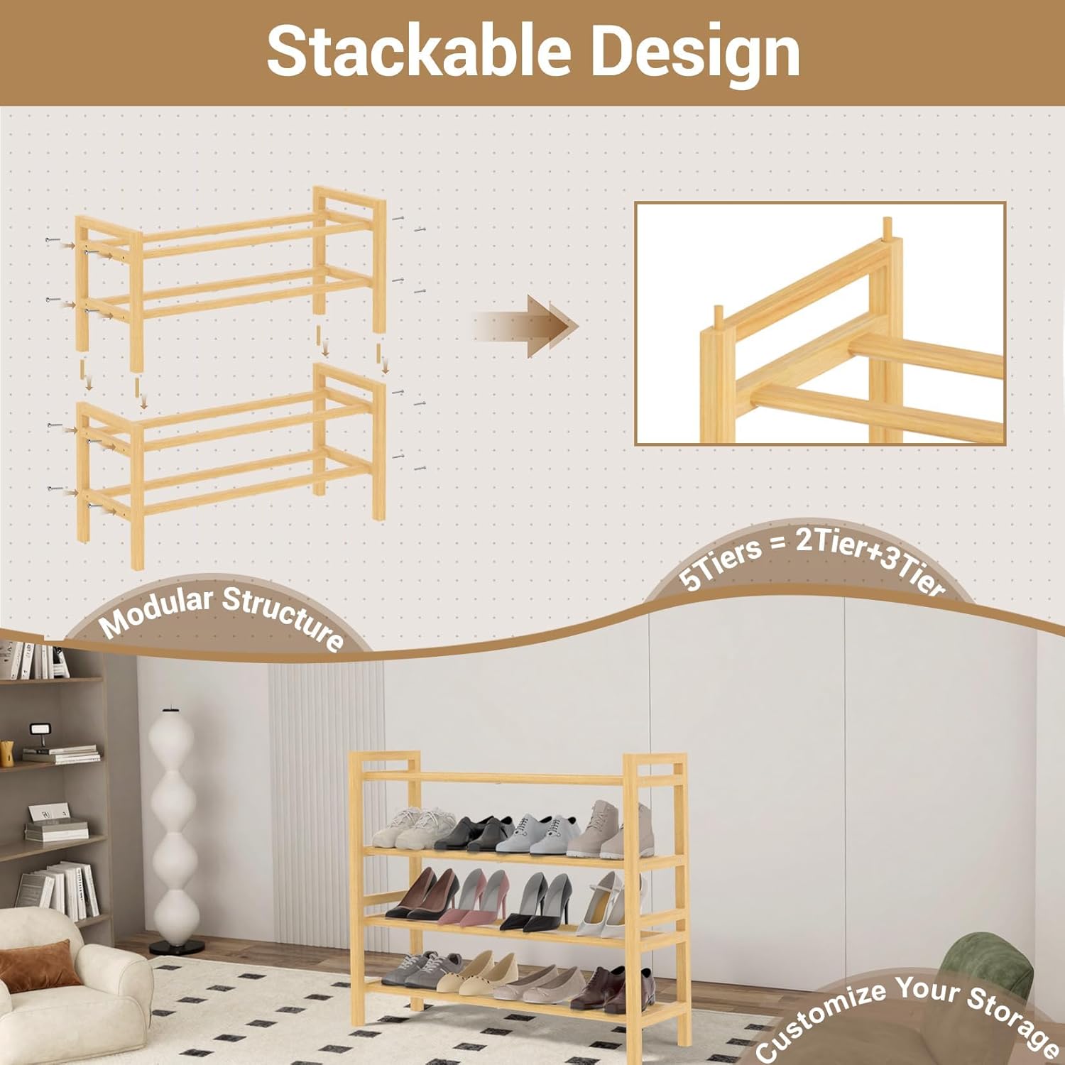 Haddockway Bamboo Shoe Rack for Closet, Free Standing Shoe Organizer with Smooth Round Rods & Convenient Handles, Stackable Shoe Storage Shelf for Entryway, Hallway(Natural, 4-Tier)