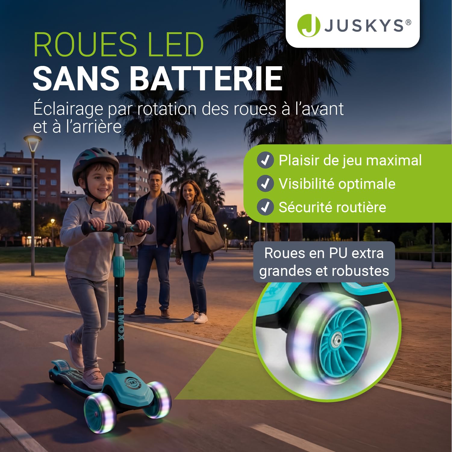 JUSKYS® Trottinette Enfant Lumox - Noir/Rose/Bleu, Roues LED sans Batterie, Guidon réglable 70-81 cm, Pliable avec Suspension et Frein arrière