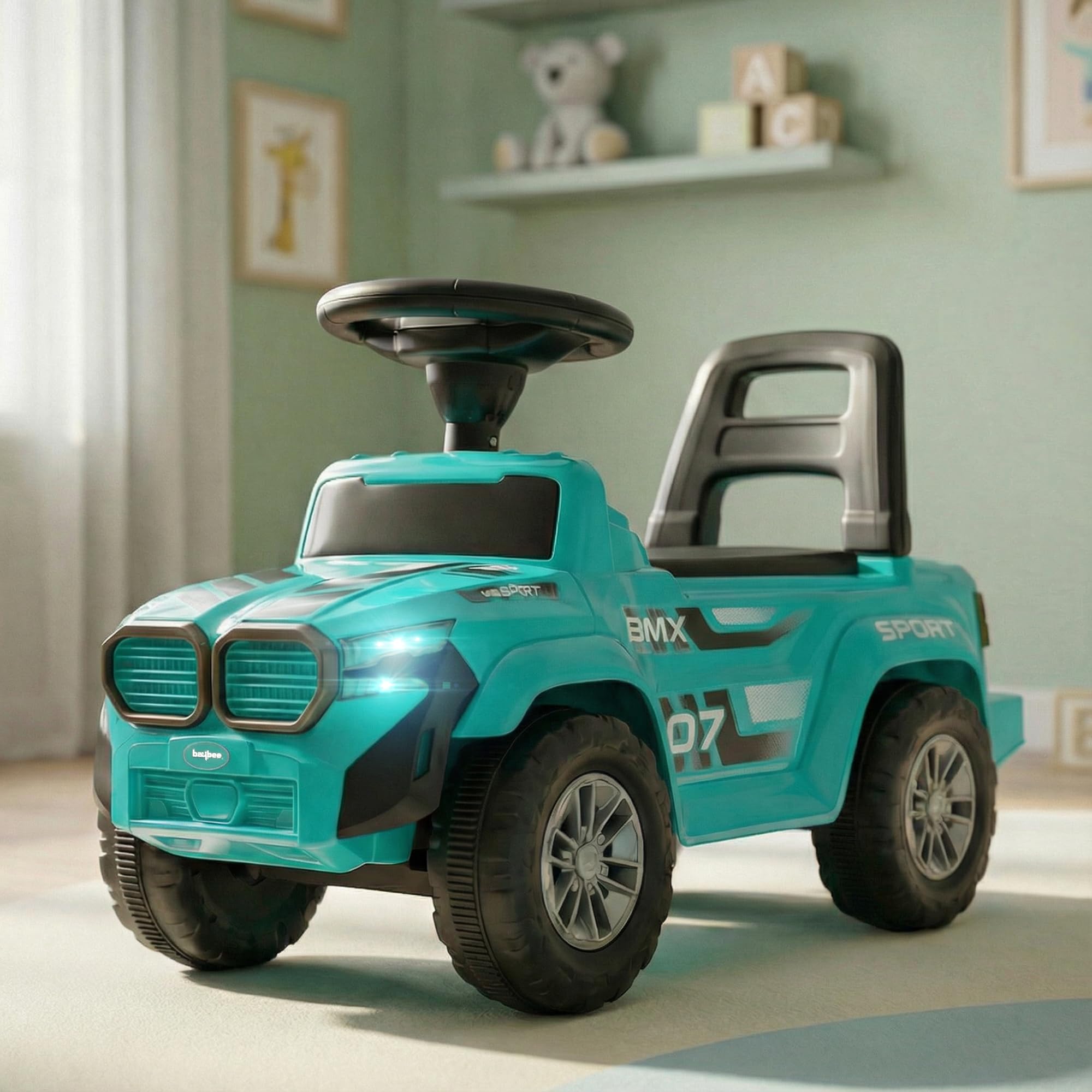 Baybee Nitro Ride on Cars for Kids | Baby Push Ride ons Toys Car with Music & LED Light | Portable Ride on Jeep with Backrest & Toy Storage | Outdoor Kids Cars for 1 to 3 Years Boy Girl (Teal Green)-image-2