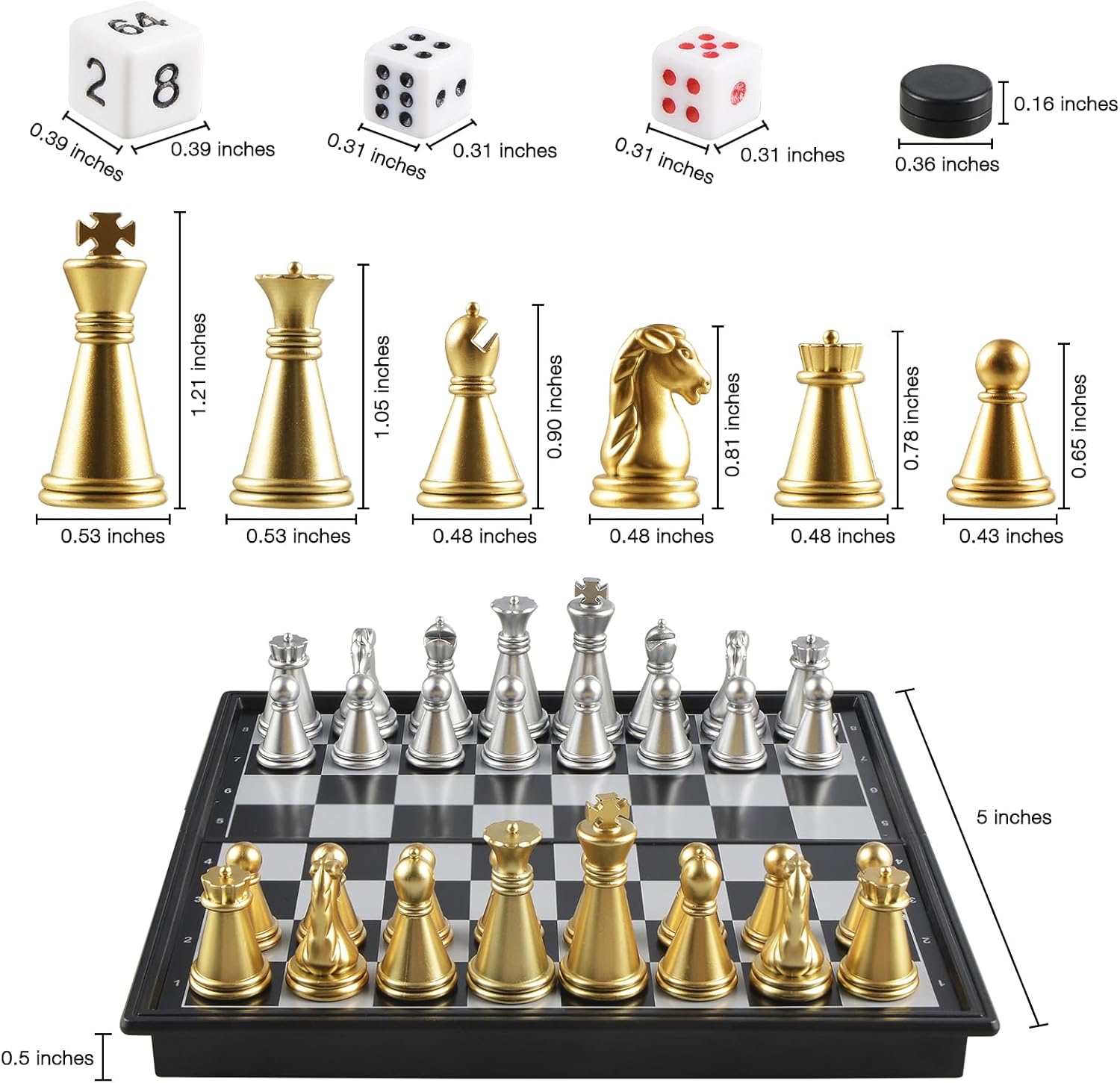 OUMODA 5'' Mini 3 in 1 Chess Checkers Backgammon Set Magnetic Folding Travel Chess Board with Instructions 2 Players for Kids and Adults