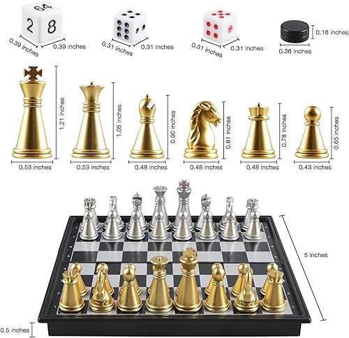 Miniatura 6 de Juego de mini ajedrez 3 en 1 de 5 pulgadas, tablero de ajedrez plegable magnético con instrucciones para 2 jugadores para niños y adultos