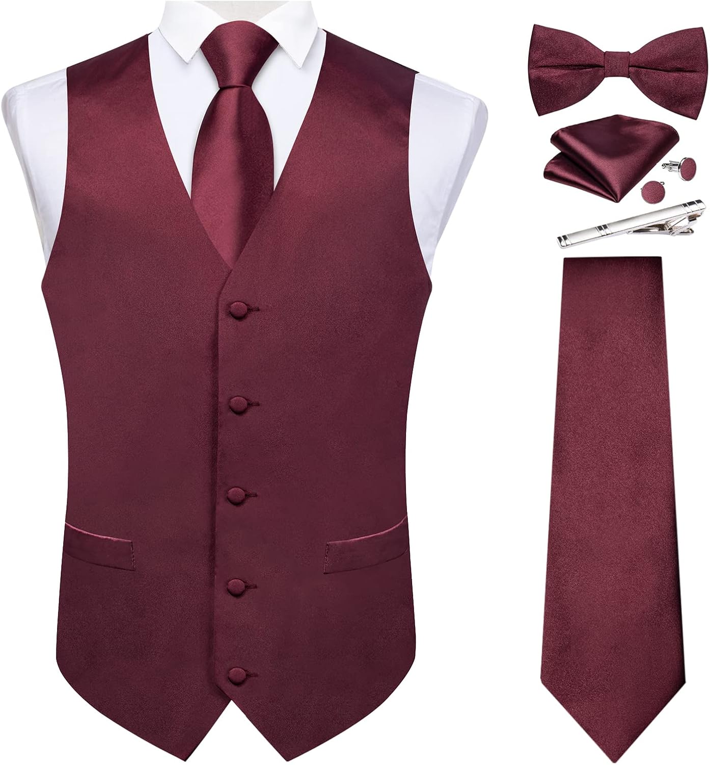 DiBanGu Suit Vest for Men Vest Set with Tie Bowtie Tie Clip Pocket Square Cufflinks 6Pcs Waistcoat