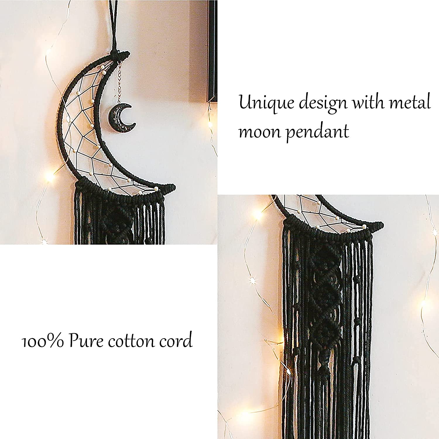 Atrapasueños de luna para dormitorio, colgante de pared bohemio, atrapasueños con cadena de luces, decoración del hogar, regalo de boda, cumpleaños, atrapasueños hecho a mano para amigos (negro)