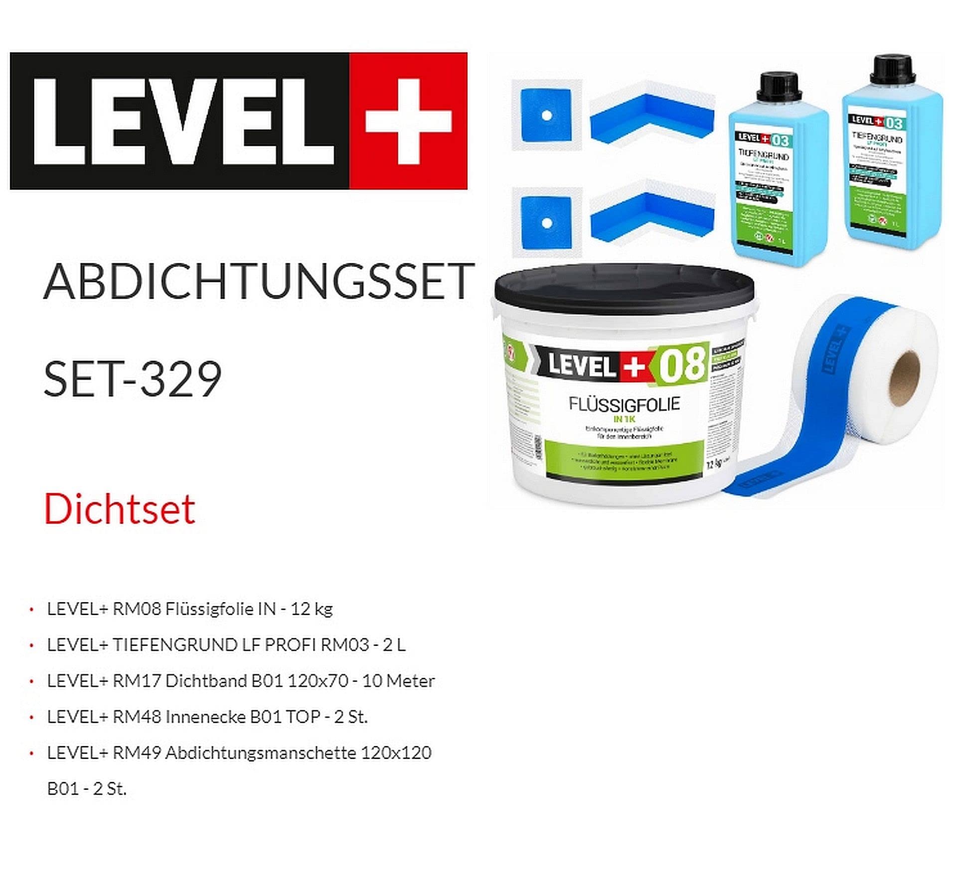 Juego de 12 kg de lámina líquida, cinta de sellado de 5 m, 2 esquinas interiores, 2 manguitos de pared, 2 L de profundidad de fondo, ducha, baño, cocina SET329