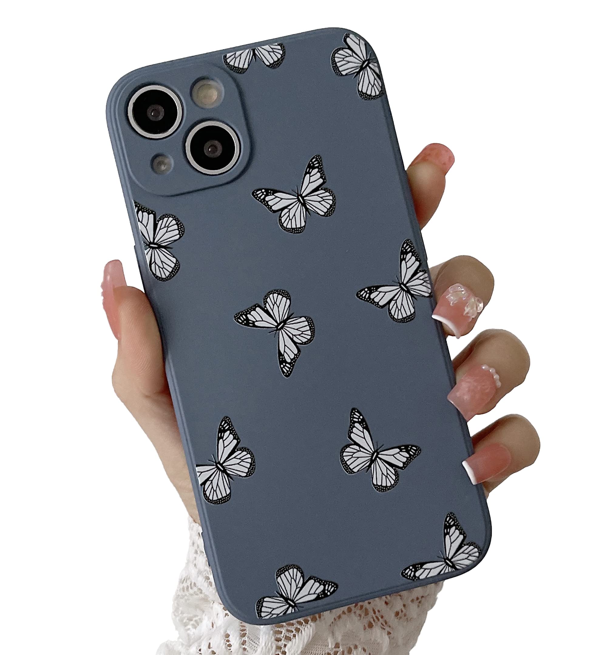 YIKUSO Compatible with iPhone 13 Case Liquid Silicone Gel Rubber Phone Cases, Cover 6.1 Inch Full Body Protective Case Cute for Women Kawaii Butterfly(Lavender Grey)