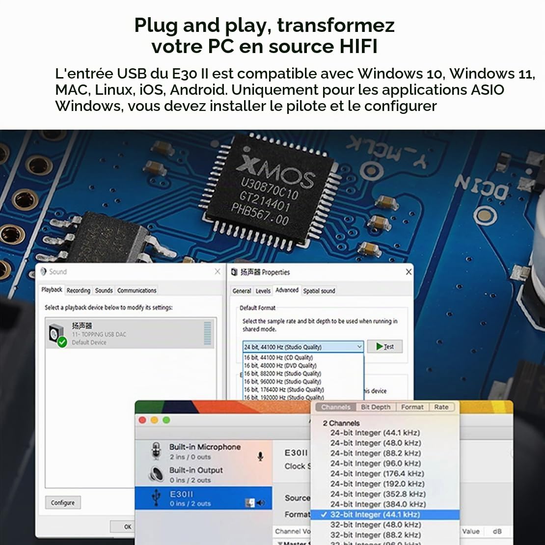 TOPPING E30 II 2 x AK4493S USB DAC XMOS XU208 DSD512 32bit/768kHz Décodeur USB/OPT/COAX D/A Convertisseur Home Desktop Hi-Res Digital DAC (Noir)