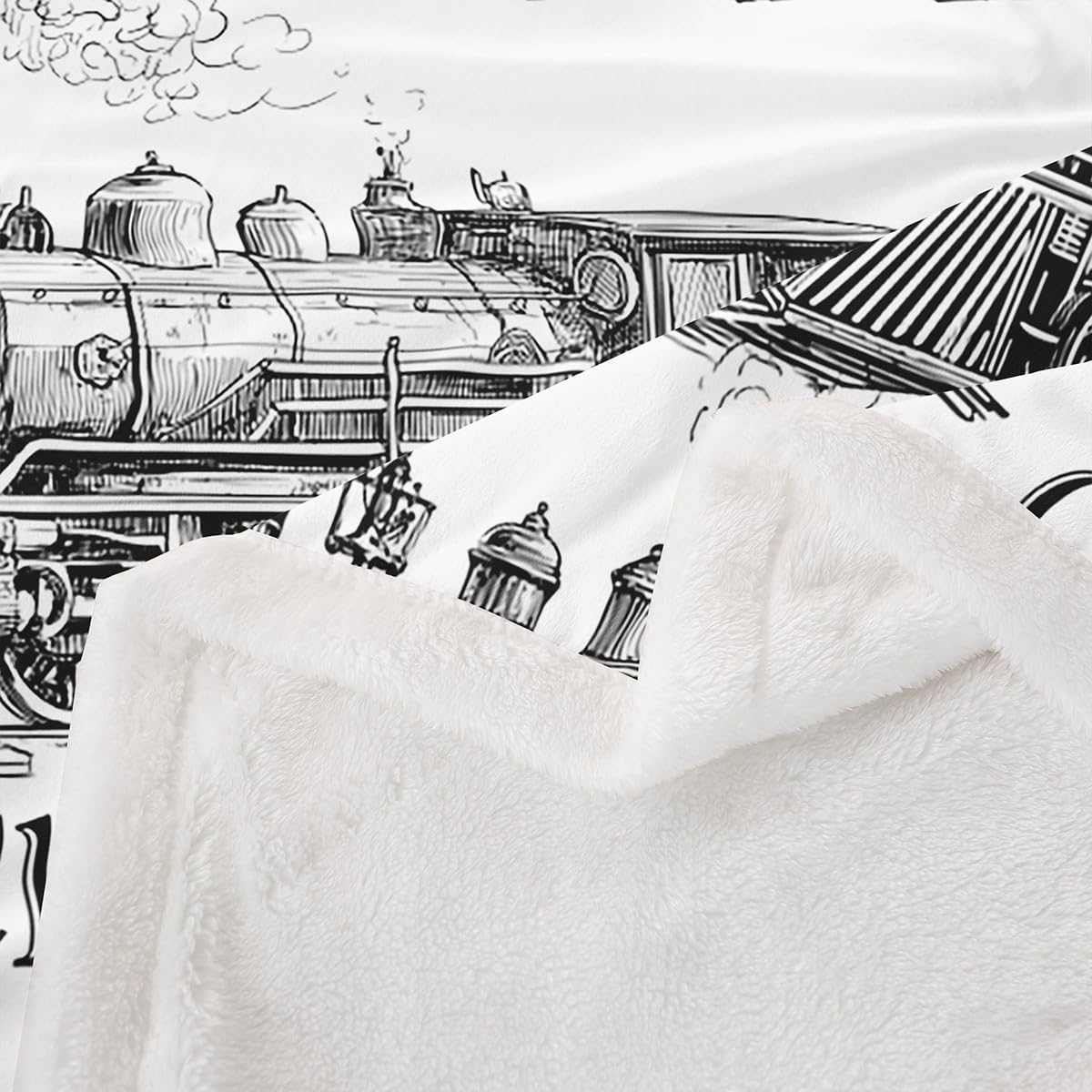 Retro Train Kids Blankets,Black Sketch Steam Locomotive Train Throw Blanket for Boys Teens Girls Room Decor,Old Transportation Car Fleece Blanket Soft White All Season Sherpa Blanket