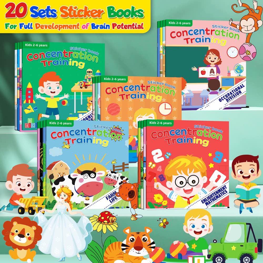 Felly Lot de 20 Livres D'autocollants Réutilisables pour Enfant, Montessori 2-6 Ans Jouet, Quiet Book, Jeux Educatif Enfant 2 3 4 5 6 Ans, Busy Book Livre Bebe