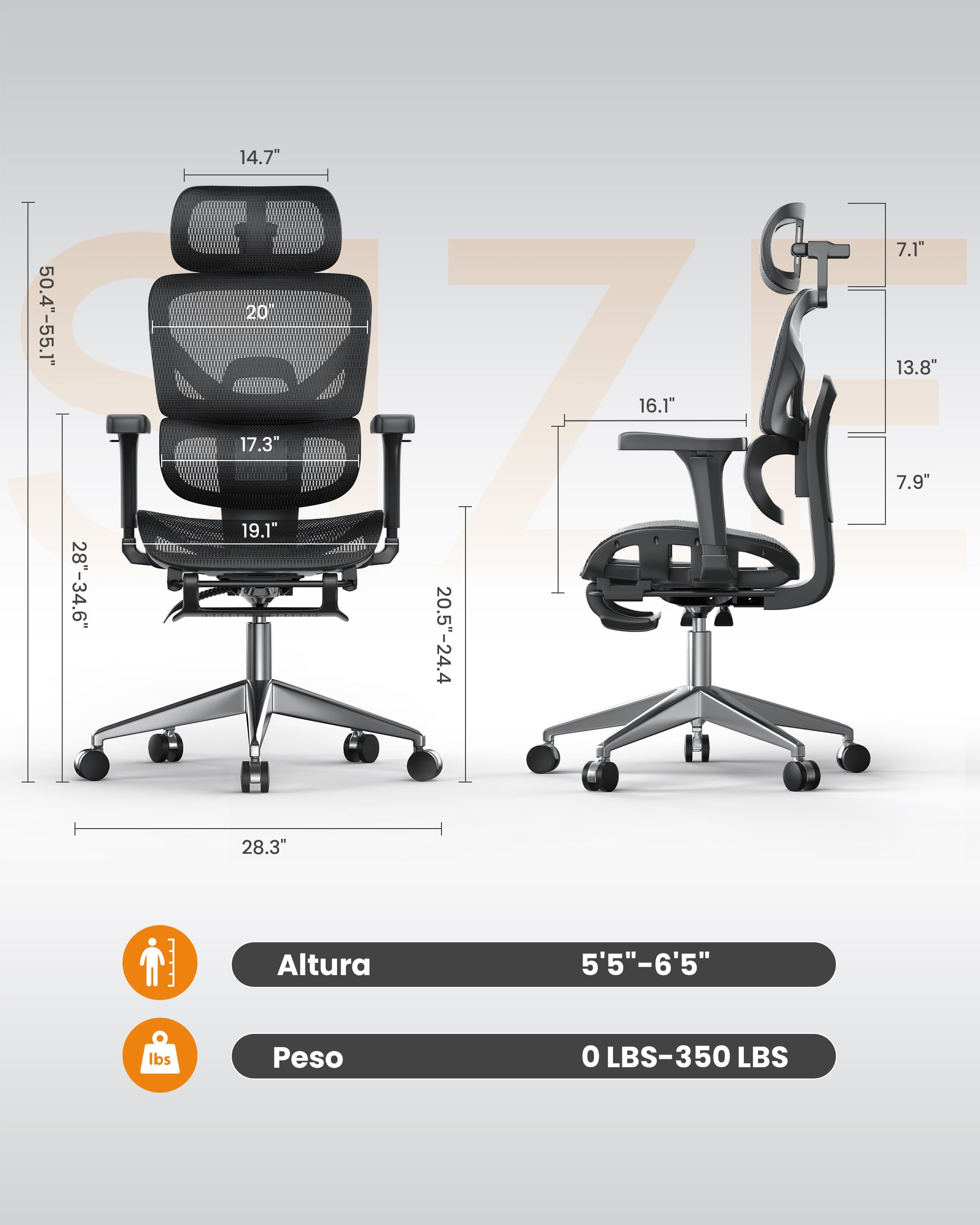 naspaluro Silla Ergonomica Escritorio con Reposapies, Load 160 kg, Negro | Malla transpirable, high back silla oficina, reposabrazos 3D, reposacabezas 3D, respaldo ajustable, inclinación 135 grados