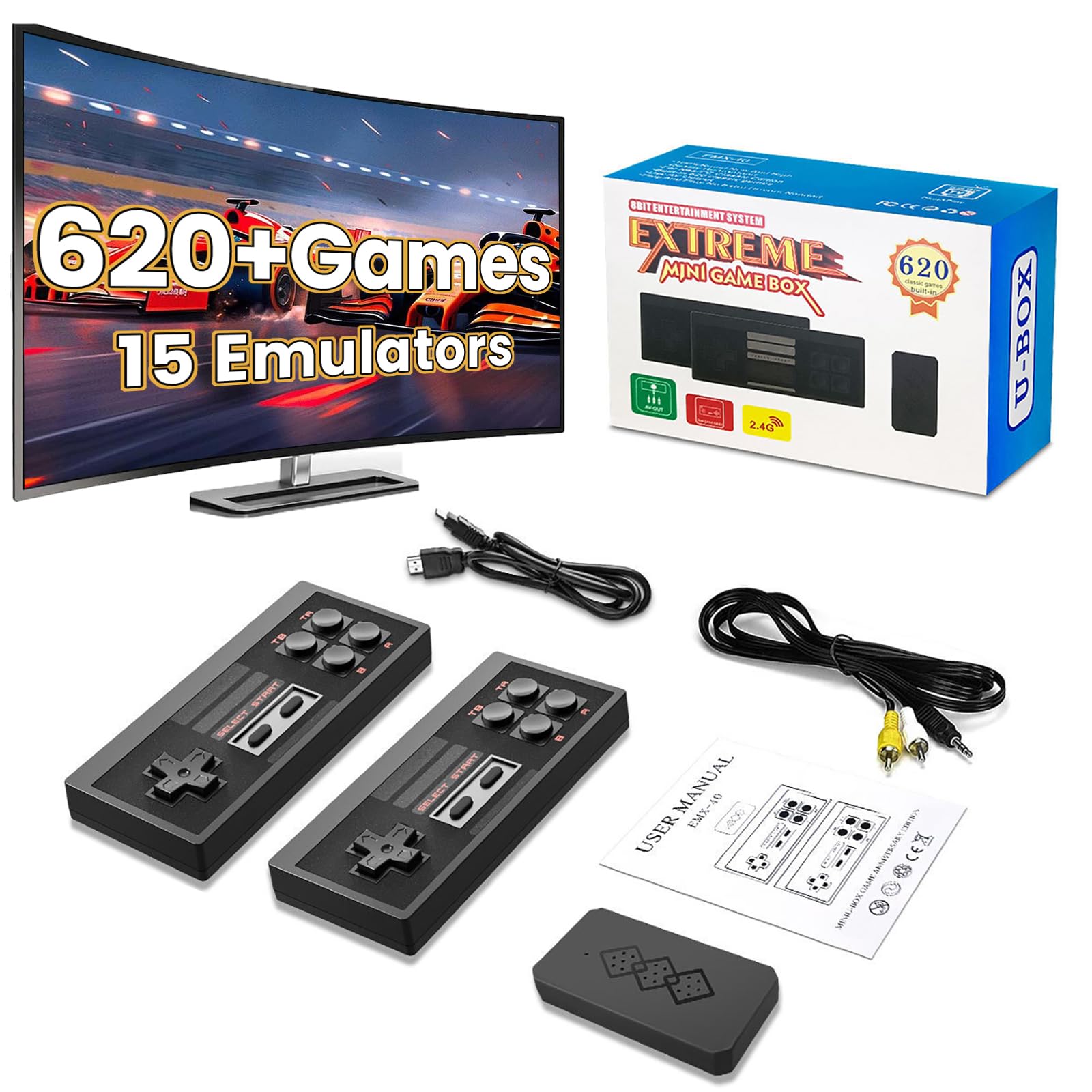 Wireless Retro Game Console with 620 Retro Video Games, AV Output Classic Retro Game Console, Plug and Play Video Games Console with 2 Controllers Handheld Games