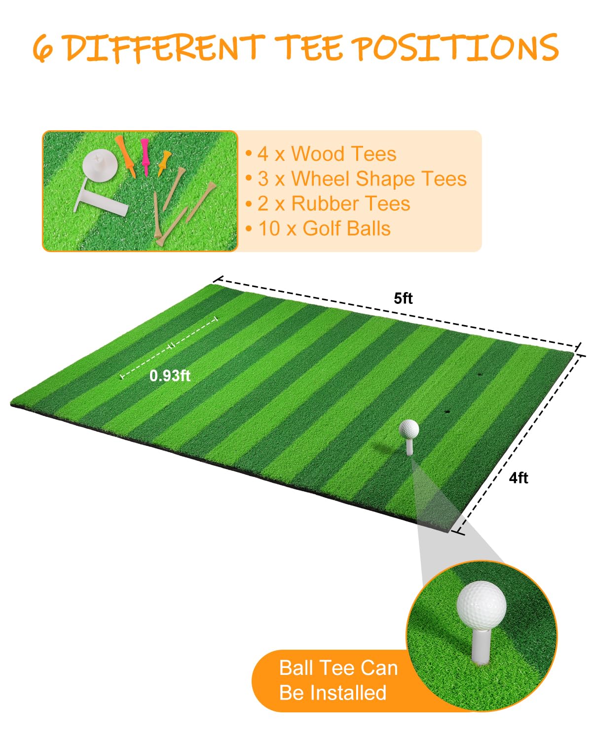 Hutigertech Golf Hitting Mat,Upgrade 5x4FT Artificial Turf Golf Mats Practice,EVA Bottom Thicken Golf Hitting Training Matt with Rubber Tees for Backyard Driving Chipping Indoor Outdoor Training