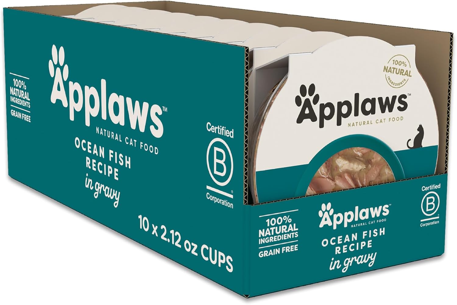Applaws Natural Wet Cat Food in Gravy, Limited and Natural Ingredients, High Protein with No Artificial Additives, Ocean Fish in Gravy (10 x 2.12 oz Easy-Open Cups)