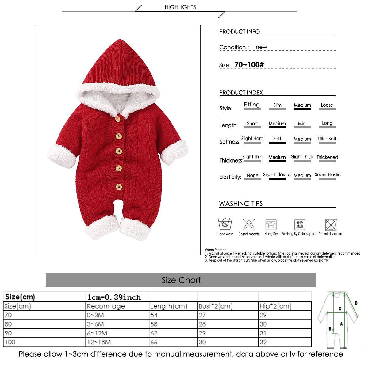 Hinzonek Bébé Tricoté Polaire Doublé Combinaison de Neige Infantile Garçon Fille Hiver Chaud Barboteuse Combinaison Vêtements de Noël
