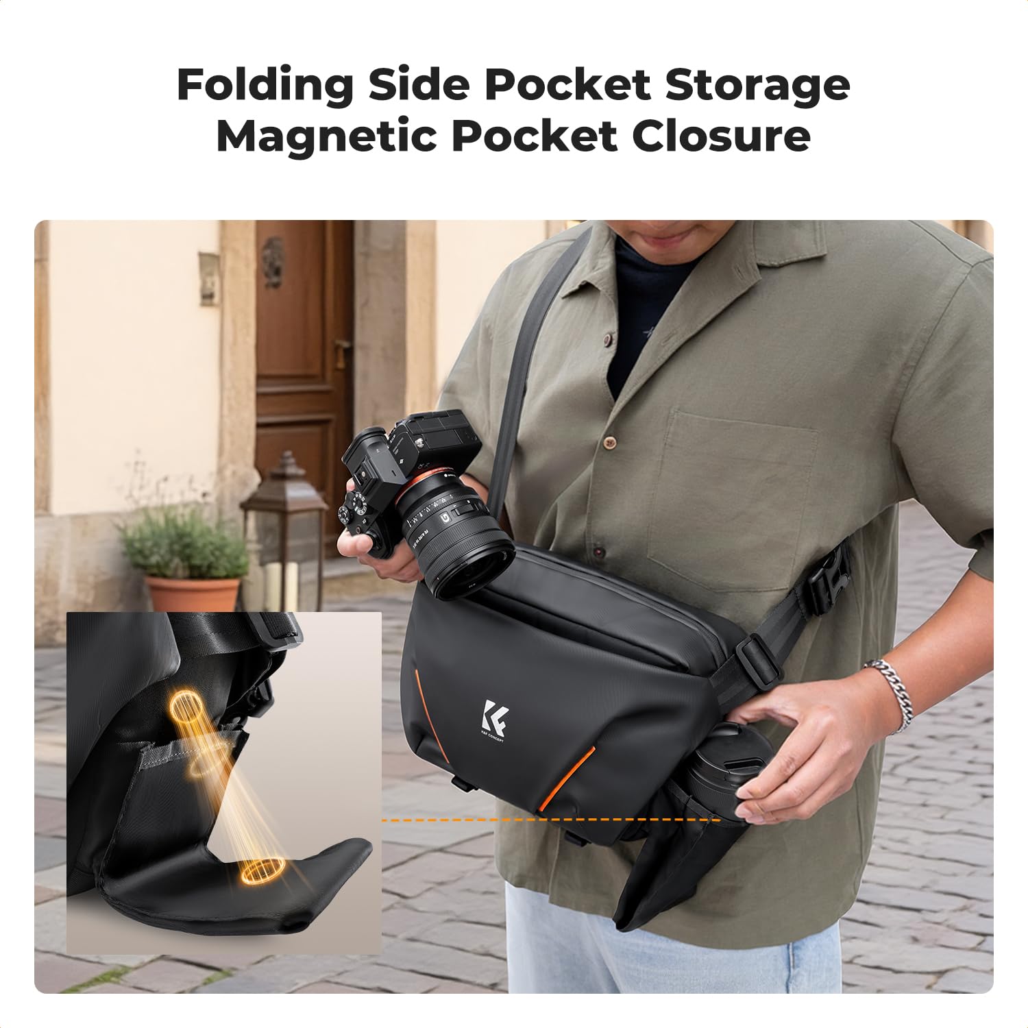 K&F CONCEPT Bolsa Bandolera para Cámara de 7 L, Ligera para Cámaras Mirrorless o DSLR, Bolsa con Bolsillo Lateral Plegable y Acceso Rápido, Divisor Ajustable, Equipo para Fotógrafos, Negro